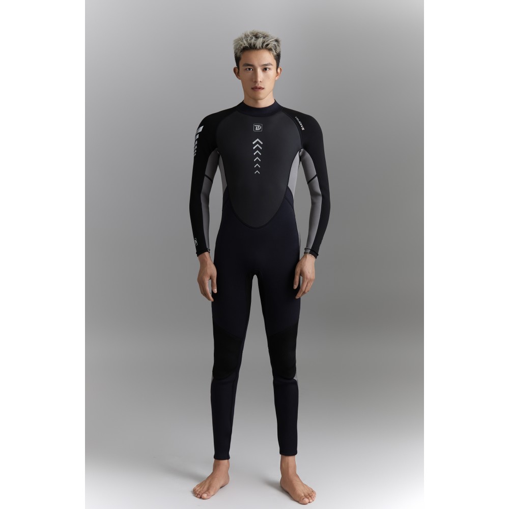 Men's 3mm surfing wetsuit with chest zip for scuba diving, freediving, surfing, and all water sports