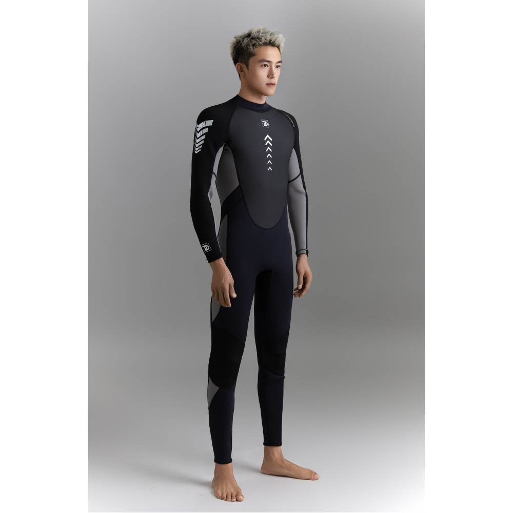 Men's 3mm surfing wetsuit with chest zip for scuba diving, freediving, surfing, and all water sports