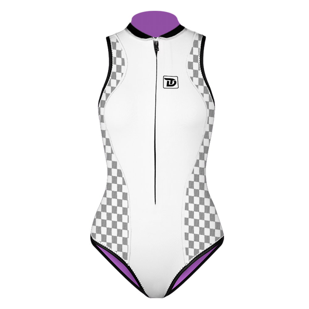 TruDive Plaid Patchwork Sleeveless Front-Zip Bikini Wetsuit 2mm for Kitesurfing and Water Sports