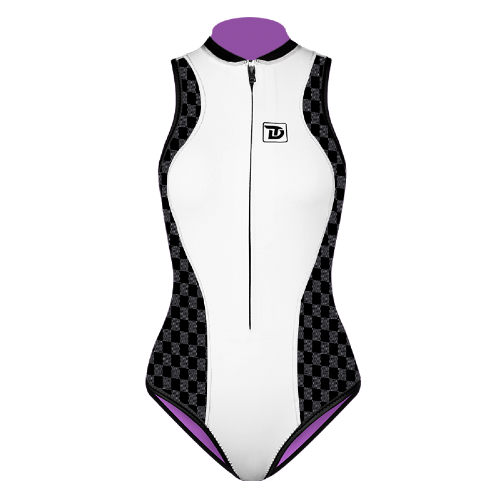 TruDive Plaid Patchwork Sleeveless Front-Zip Bikini Wetsuit 2mm for Kitesurfing and Water Sports