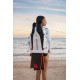 White micro cutout bikini wetsuit with long sleeves and front zipper for women’s beach and water sports