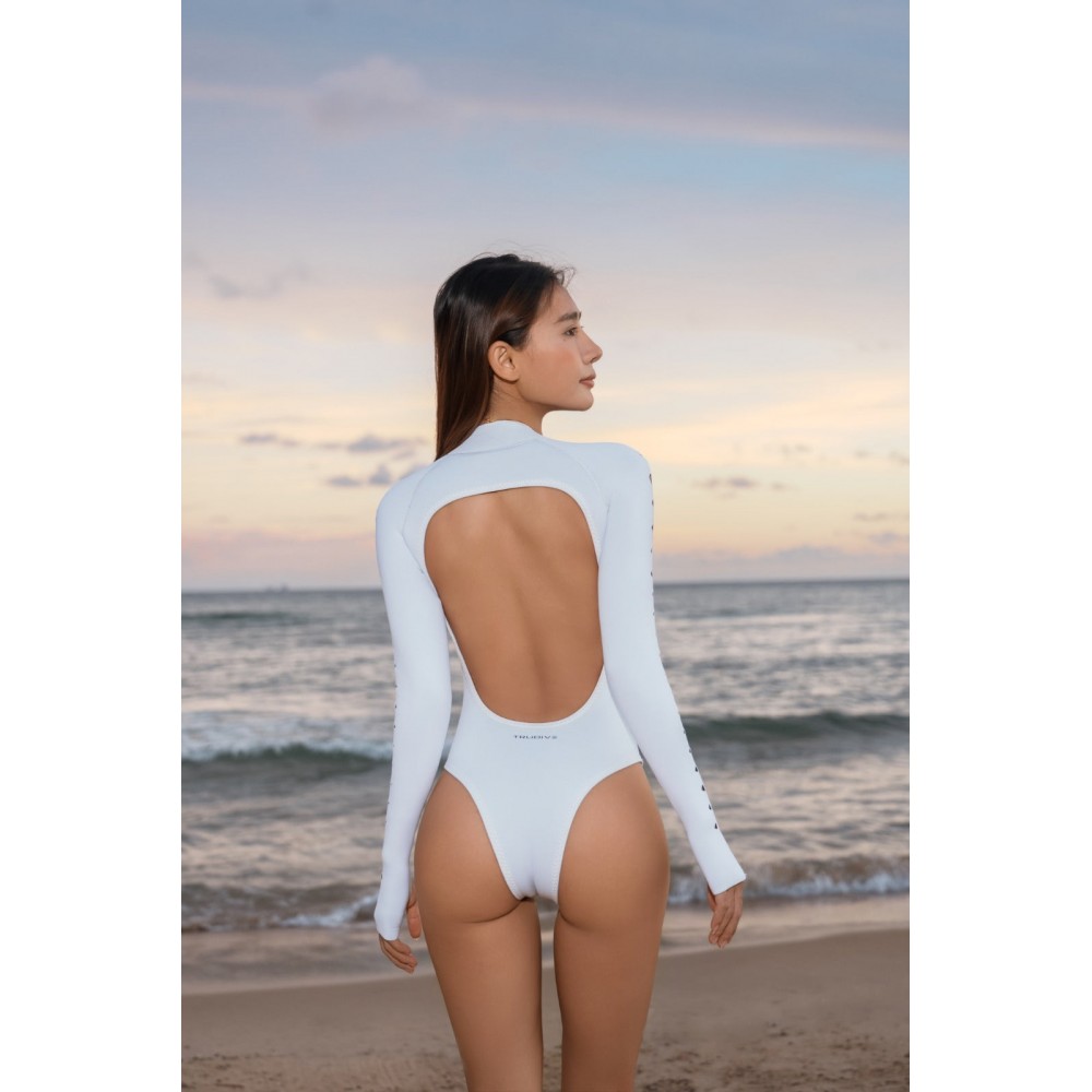 White micro cutout bikini wetsuit with long sleeves and front zipper for women’s beach and water sports