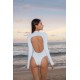 White micro cutout bikini wetsuit with long sleeves and front zipper for women’s beach and water sports