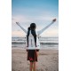 White micro cutout bikini wetsuit with long sleeves and front zipper for women’s beach and water sports