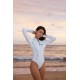 White micro cutout bikini wetsuit with long sleeves and front zipper for women’s beach and water sports