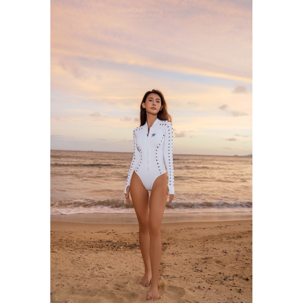 White micro cutout bikini wetsuit with long sleeves and front zipper for women’s beach and water sports