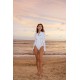 White micro cutout bikini wetsuit with long sleeves and front zipper for women’s beach and water sports