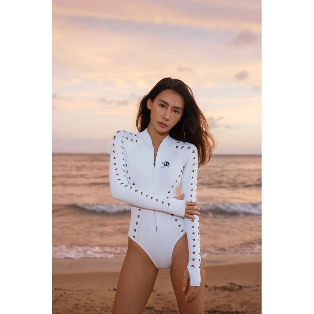White micro cutout bikini wetsuit with long sleeves and front zipper for women’s beach and water sports