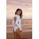 White micro cutout bikini wetsuit with long sleeves and front zipper for women’s beach and water sports