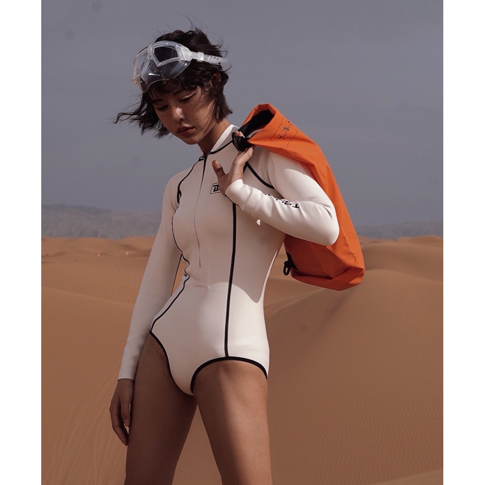 Silver Nova Series front-zip longsleeve bikini wetsuit 2mm in glitter silver from Trudive for freediving, snorkeling, and paddleboarding