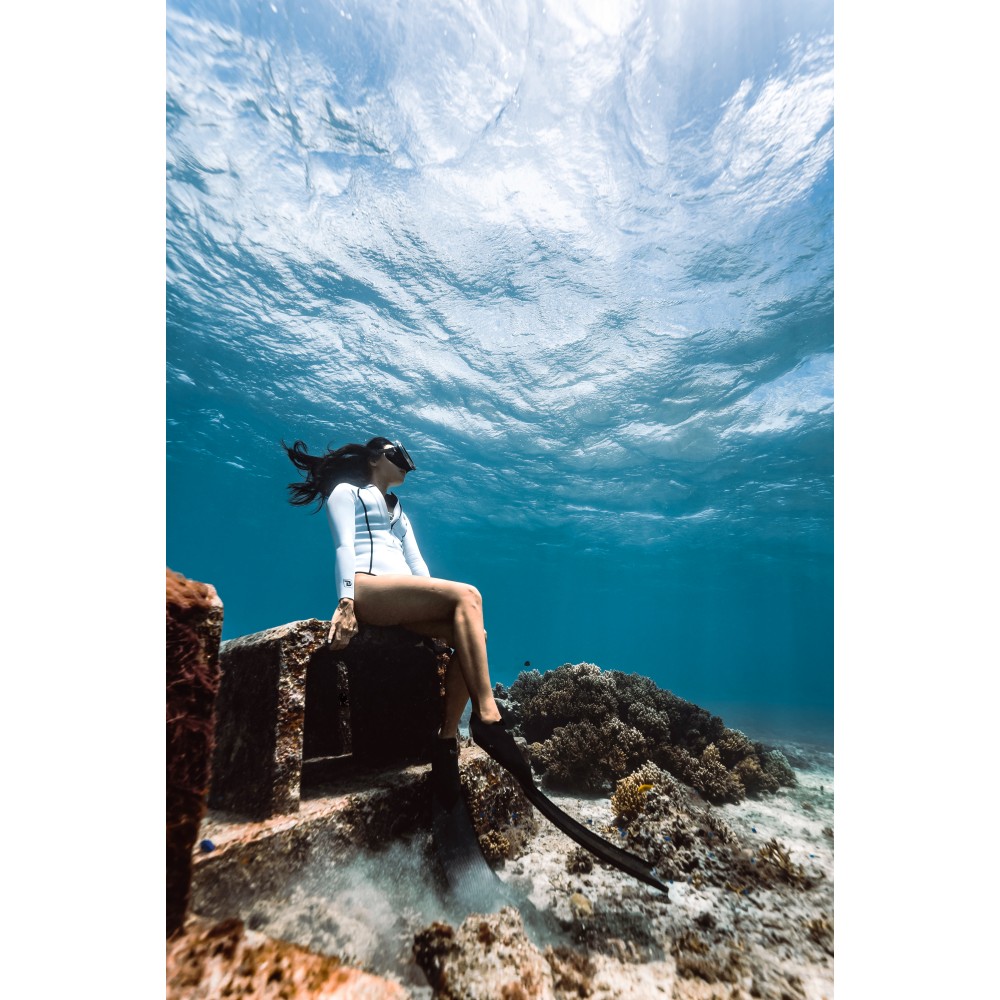 Silver Nova Series front-zip longsleeve bikini wetsuit 2mm in glitter silver from Trudive for freediving, snorkeling, and paddleboarding