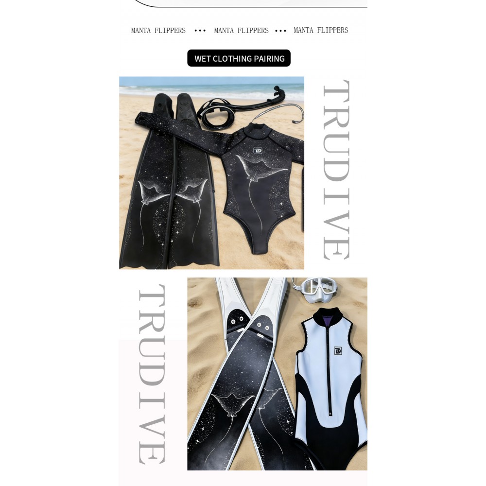 Manta Series carbon fiber freediving fins with manta ray and starry sky print in black and white from Trudive