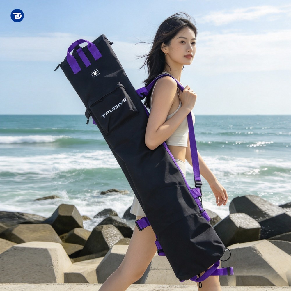 Black Trudive free diving wetsuit bag 110 x 24 cm with backpack straps and front zip pocket
