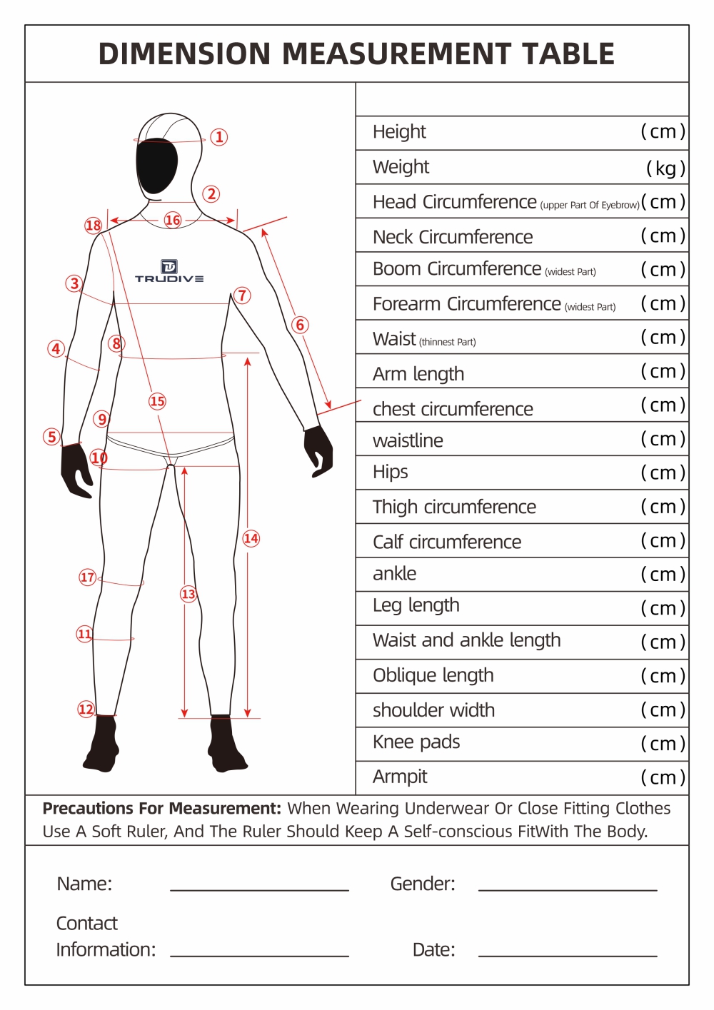 Trudive wetsuit size measurement guide